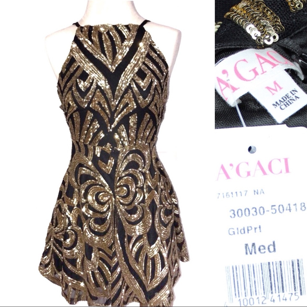 A’GACI NWT Black Gold Sequin Embellished Double Strap Back Mini Dress Medium